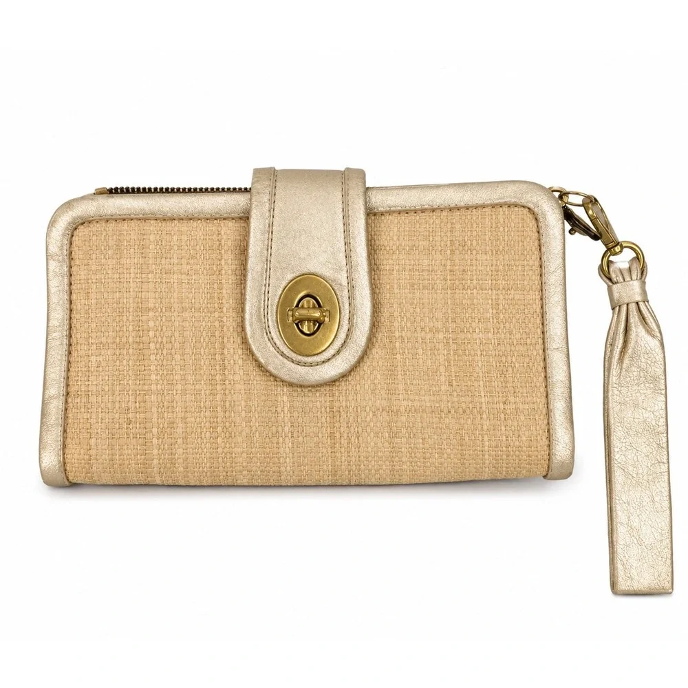 Coach Parker Natural Straw Leather Trim Clutch Wristlet Wallet Gold Turnlock